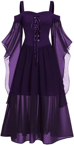 Vista 4 de Vestido punk gótico para mujer, hombros descubiertos, con cordones, manga de mariposa, Halloween, cosplay, fiesta, vestido largo