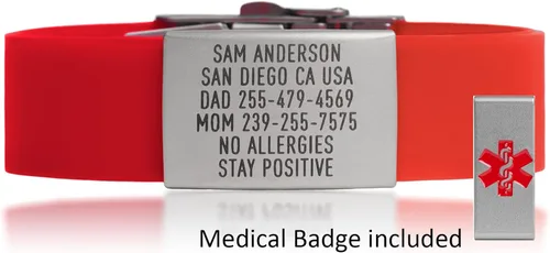 Vista 2 de Pulsera de alerta médica PRO personalizada - Identificación de silicona roja para hombres y mujeres