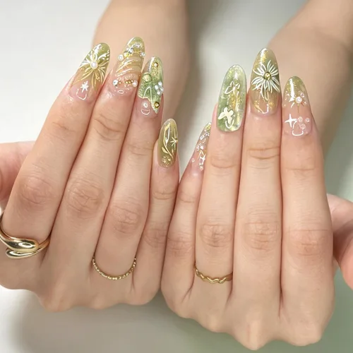 Vista 24 de Uñas postizas a presión de almendra, uñas postizas medianas con diseños de estampado francés de lámina dorada 3D, pegamento dorado Starlight en uñas