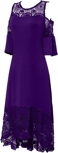 Vista 6 de MOBCTG Vestido de primavera de talla grande, vestido de manga corta con volantes y encaje para mujer, vestido de manga corta, sin tirantes, L-5XL