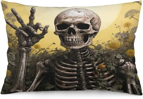 Vista 25 de Funda de almohada divertida de calavera de Halloween de 12 x 20 pulgadas, funda de almohada rústica de Halloween con cremallera oculta, suave
