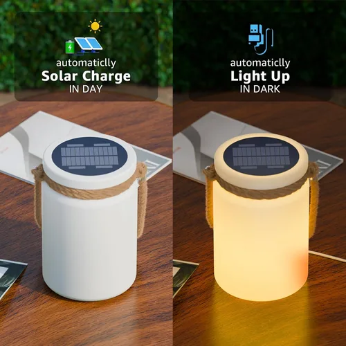 Vista 4 de uuffoo Paquete de 2 lámparas solares de mesa, impermeables, LED, inalámbricas, IP44 RGB y blanco cálido, regulables, para patio, camping