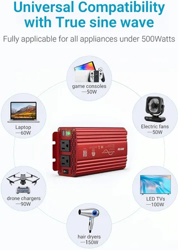 Vista 6 de BESTEK Inversor de corriente de onda sinusoidal pura de 500 W, CC 12 V a CA (2 tomas), cargador de coche de 110 V, convertidor de adaptador de 1 Rojo