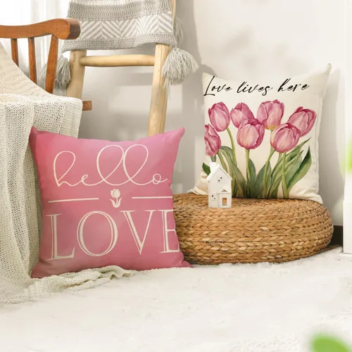 Vista 5 de AVOIN colorlife Hello Love - Juego de 4 fundas de almohada para bicicleta, diseño de tulipanes rosados, 16 x 16 pulgadas, diseño de flores