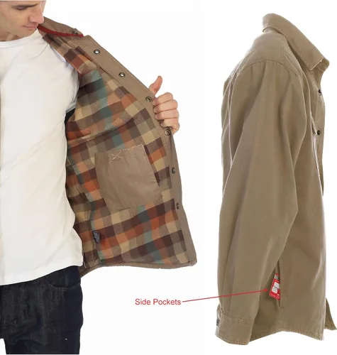 Vista 6 de Gioberti - Chaqueta de camisa de sarga cepillada y suave de 100% algodón con forro de franela para hombre Caqui