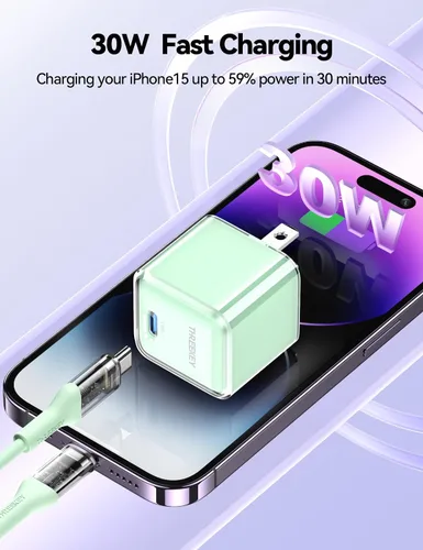 Vista 2 de Cargador USB C, THREEKEY 30W GaN Fast Wall Charger Block, PD USB-C Power Adapter (verde)