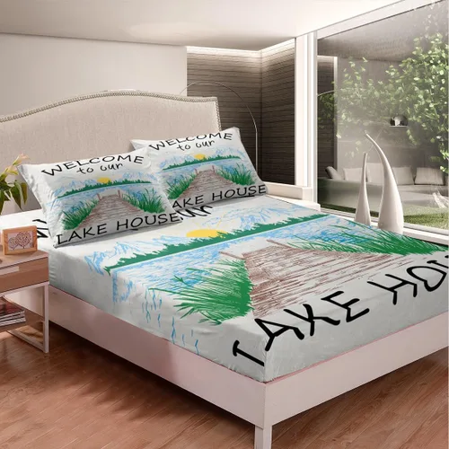 Vista 2 de Lake House Sábanas bajeras tamaño individual, sábana dibujada a mano con paisaje de lago y montaña para niños, niñas, niños y adultos, decoración