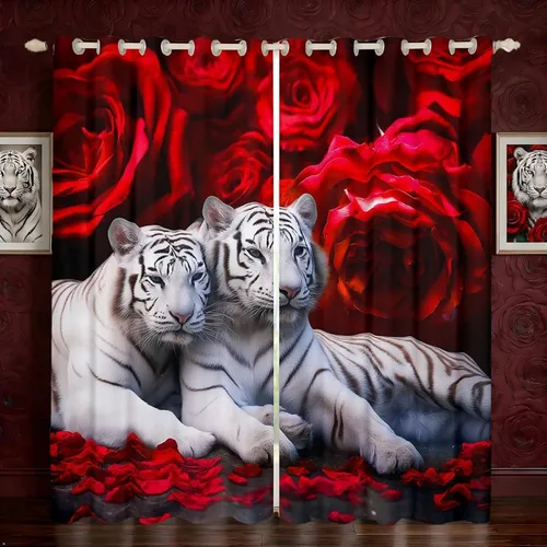 Vista 13 de Erosebridal Cortinas de Rosas Rojas 3D Tratamientos para Ventanas de Guepardo, Paneles de Cortinas con Estampado de Gato Leopardo para Sala