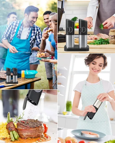 Vista 6 de SENZER Gravity - Molinillo eléctrico de sal y pimienta, molinillo de pimienta automático recargable con base de carga de luz LED para cocina