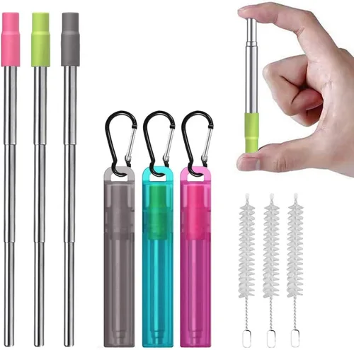 Vista 7 de Paquete de 3 pajitas plegables reutilizables con punta de silicona, telescópicas portátiles de acero inoxidable reutilizables con funda, cepillo