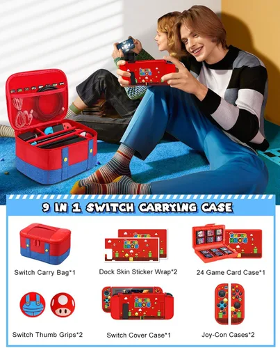 Vista 3 de Funda de transporte 9 en 1 para Nintendo Switch Travel Carry Cases Bundle Cute Boys Funda protectora + pulgares tapas de botón+titular de la tarjeta