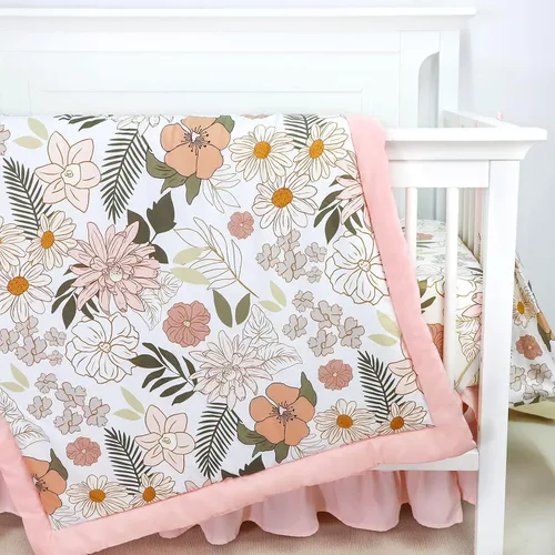 Vista 8 de Juego de ropa de cama de cuna de 4 piezas para niñas, juego de ropa de cama rosa para bebé niña con falda de cuna súper suave, edredón reversible