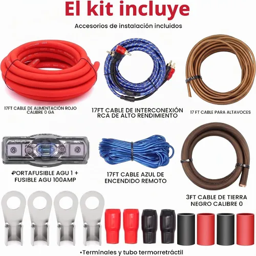 Vista 3 de Kit de cableado de amplificador de calibre 0 de 3000 W con fusible AGU de 100 A, RCA para subwoofers y amplificador