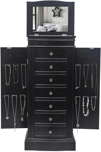 Vista 8 de Elegante armario de almacenamiento de joyas con espejo, 7 cajones y 24 ganchos para collares, organizador de joyas colgante y caja de joyería grande