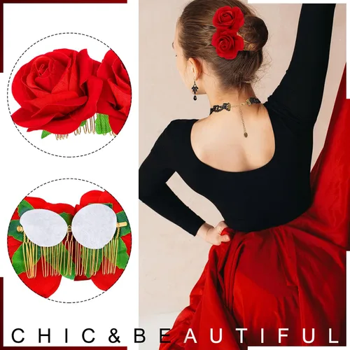 Vista 6 de 5 accesorios de flamenco de flores de rosas de Halloween que incluyen ventilador plegable de tela de lentejuelas bordadas pinza de cabello de flores