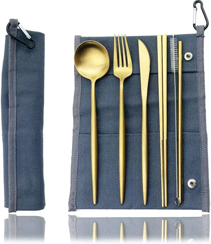 Vista 21 de JASHII Juego de cubiertos de viaje de acero inoxidable, tenedor, cuchara, cuchillo, pajilla, cubiertos reutilizables con estuche, juego de Rosa