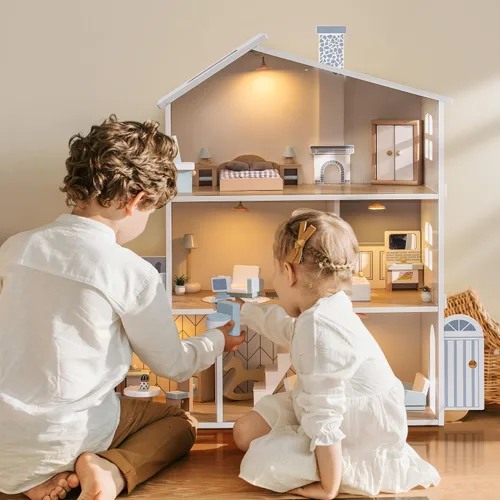 Vista 5 de ROBOTIME Casa de muñecas de madera, casa de muñecas de madera con 29 muebles, 6 habitaciones para muñecas de 4 a 6 pulgadas, regalo para niños a