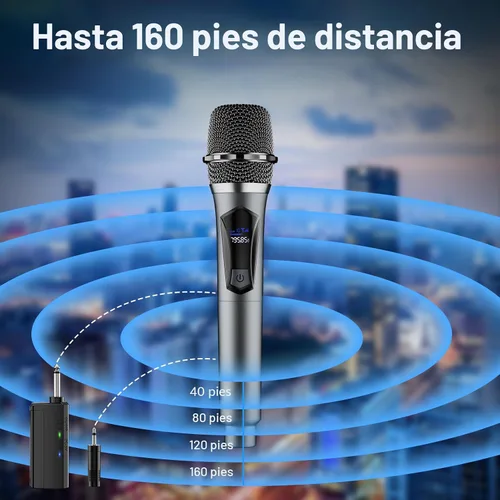 Vista 3 de Micrófono inalámbrico, sistema profesional de micrófono dinámico inalámbrico de mano dual con receptor recargable, juego de micrófono de karaoke