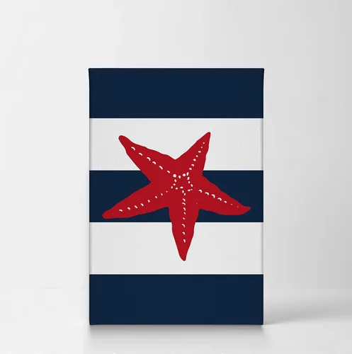 Vista 2 de Ilustración roja de estrellas de mar, fondo a rayas azul marino y blanco, decoración náutica, lienzo impreso en lienzo costero, decoración