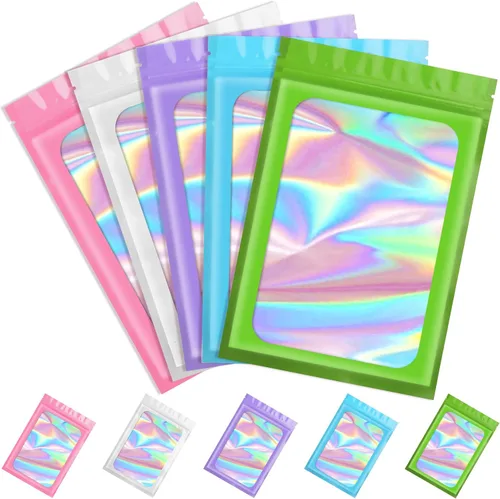 Vista 30 de Funfery 100 bolsas holográficas de Mylar naranja, cremallera resellable