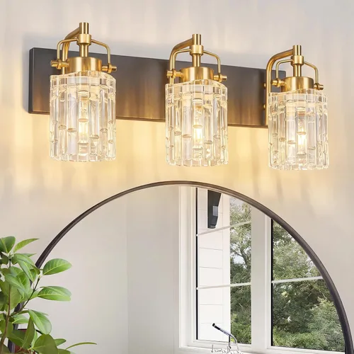 Vista 12 de Luz de Tocador de Baño de 2 Luces Moderna con Soporte de Vidrio de Cristal Luz de Baño Negra Accesorios de Iluminación de Tocador de Cristal