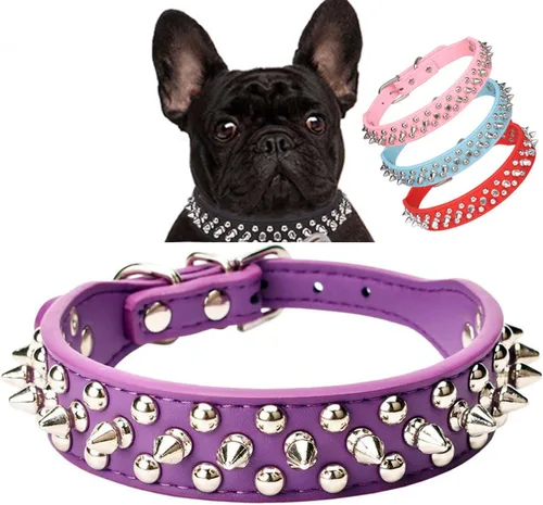 Vista 21 de Serijoars Collar para perro con tachuelas, de piel sintética suave con clavos de hongos, ajustable, para cachorros (XS, Negro)