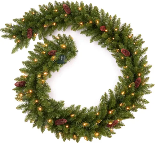 Vista 15 de Guirnalda de Navidad preencendida de 9 pies con bayas y bolas doradas, piña, flor dorada y 50 luces LED blancas suaves que funcionan