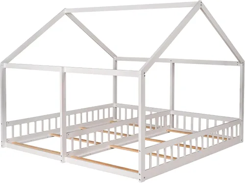 Vista 7 de MERITLINE Marco de cama doble para niños, 2 camas de plataforma de madera tamaño individual con valla, dos camas compartidas con techo, cama