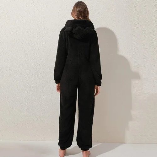 Vista 2 de Pijama de forro polar para mujer, mameluco cálido de sherpa, ropa de dormir de una pieza con cremallera y capucha