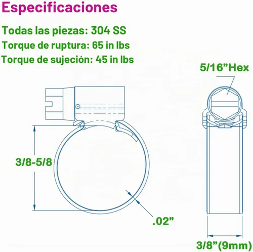 Vista 2 de Abrazaderas de manguera de engranaje helicoidal de acero inoxidable antideslizantes 3/8 a 5/8 "(0.394-0.630 in) SAE Size 4, 5/16"Hex Head, Soft