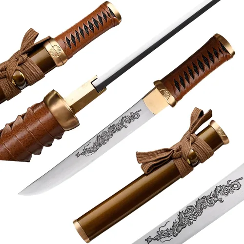 Vista 12 de Hoja de crisantemo japonesa real hecha a mano tanto corta katana samurái real de 13 pulgadas 1065 hoja de acero de resorte de acero de espiga