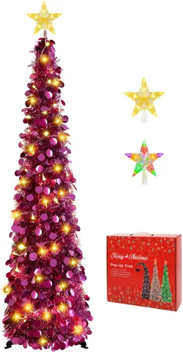 Vista 10 de MACTING Árbol de Navidad desplegable con 50 luces LED con temporizador, 5 pies, árbol de lápiz de oropel plegable de fácil montaje, árbol artificial