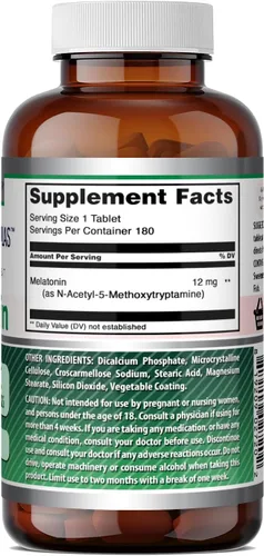 Vista 5 de Amazing Formulas Suplemento de melatonina Sin sabor 12 mg por porción 180 tabletas Sin OMG Sin gluten Fabricado en Estados Unidos