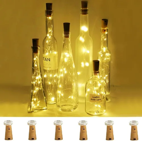 Vista 9 de Luces para botella de vino con corcho, paquete de 6 unidades, funciona con pilas, 15 luces LED en forma de corcho, alambre plateado, miniluces