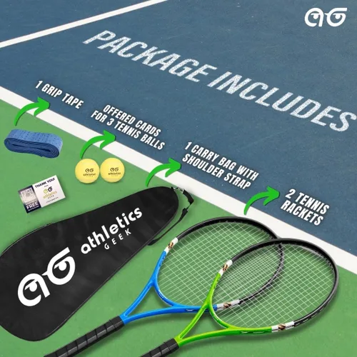 Vista 5 de Raquetas de tenis para 2 jugadores, paquete variado de dos colores con 2 pelotas de tenis, cinta de agarre, tarjetas de oferta y bolsa