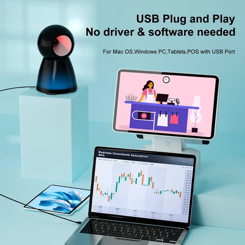 Vista 2 de Escáner de código de barras QR 2D manos libres, TEEMI USB con cable omnidireccional lector de código de barras de escritorio, escáner de pantalla