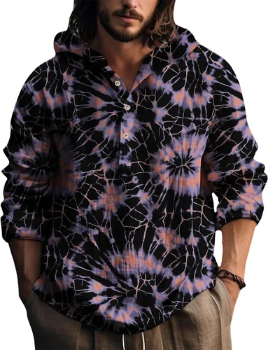Vista 20 de Sudaderas con capucha para hombre, con estampado de teñido anudado, cuello en V, manga larga, con botones, de gran