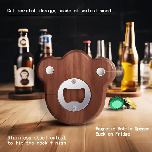 Vista 6 de Abrebotellas de madera para cerveza, abridor magnético de botellas de madera para chupar en el refrigerador, diseño de pata de gato, lindo