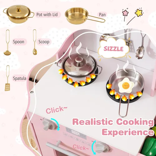 Vista 3 de Costzon Juego de Cocina para Niños, Juguetón de Madera de Pequeño Chef con 3 Alturas Ajustables, Barra de Toallas, Cortinas, Microondas, Estufas