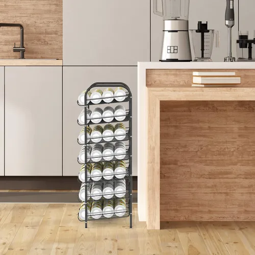Vista 4 de DOMYDEVM Organizador de latas, organizador de almacenamiento de latas de 7 niveles, soporte negro para bebidas con capacidad para 84 latas