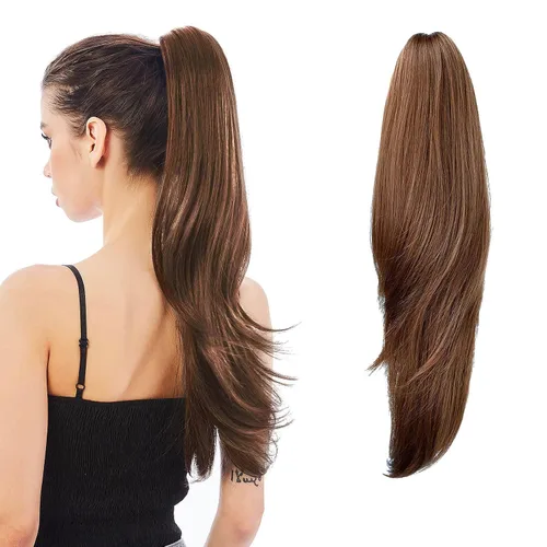 Vista 27 de Extensión de Cola de Caballo, Extensión de Cabello con Garra Larga de 20", Piezas de Cabello Sintético Ondulado Liso con Clip en Peluca de Cola