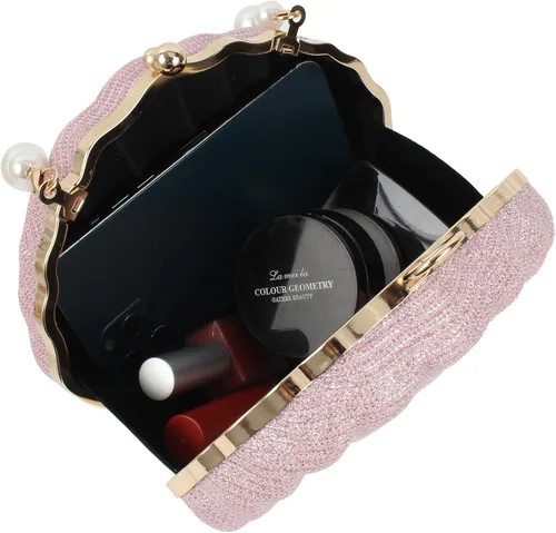 Vista 5 de ZLM BAG US Bolso de mano de noche con purpurina Seashell Mini Chain Crossbody Bag PU Cuero Shell Pearl Bolso de hombro, Y-Rosa