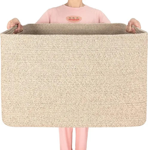 Vista 16 de MINTWOOD Design 112L Canasta Extra Grande para Mantas con Soporte para Sala de Estar, 25"x17"x16" Canasta de Almacenamiento de Cuerda Tejida