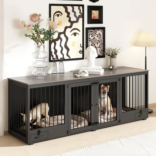 Vista 9 de Mueble estilo jaula para perros grande para 2 perros, perrera de madera resistente de 86.6" con cajones y divisor para comedero de perros, perrera