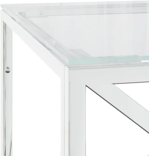Vista 6 de Mesa de centro de acero inoxidable plateado, vidrio templado, 17.7 x 43.3 x 17.7 pulgadas, muebles de sala de estar rectangulares modernos, mesa