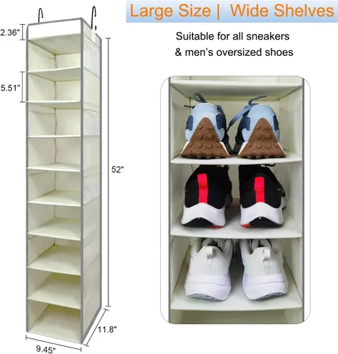 Vista 3 de Organizador de zapatos colgante de gran tamaño con 10 estantes, organizador de armario colgante resistente con 8 bolsillos laterales, estantes