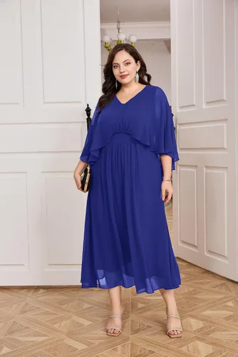 Vista 3 de Hanna Nikole Vestido de fiesta de noche de gasa con cuello en V para mujer, talla grande, manga capa, maxi vestidos para invitados de boda