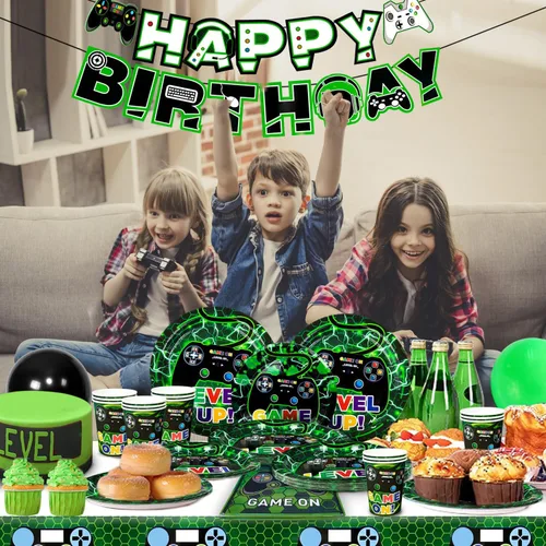 Vista 4 de Vajilla de fiesta de cumpleaños para 16 invitados, platos de videojuegos y servilletas, suministros para fiestas, incluye platos de fiesta