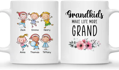 Vista 14 de Gossby Taza personalizada – GRANDKIDS MAKE LIFE MORE GRAND (1 niño) – Taza de café de cerámica de 11 onzas y 15 onzas para abuelos/abuelos – Idea