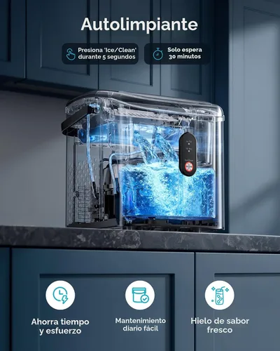 Vista 6 de EUHOMY Máquina de hielo para encimera, máquina de hielo portátil con asa de transporte, 26.5 libras por día, 9 cubos en 6 minutos, limpieza Plateado